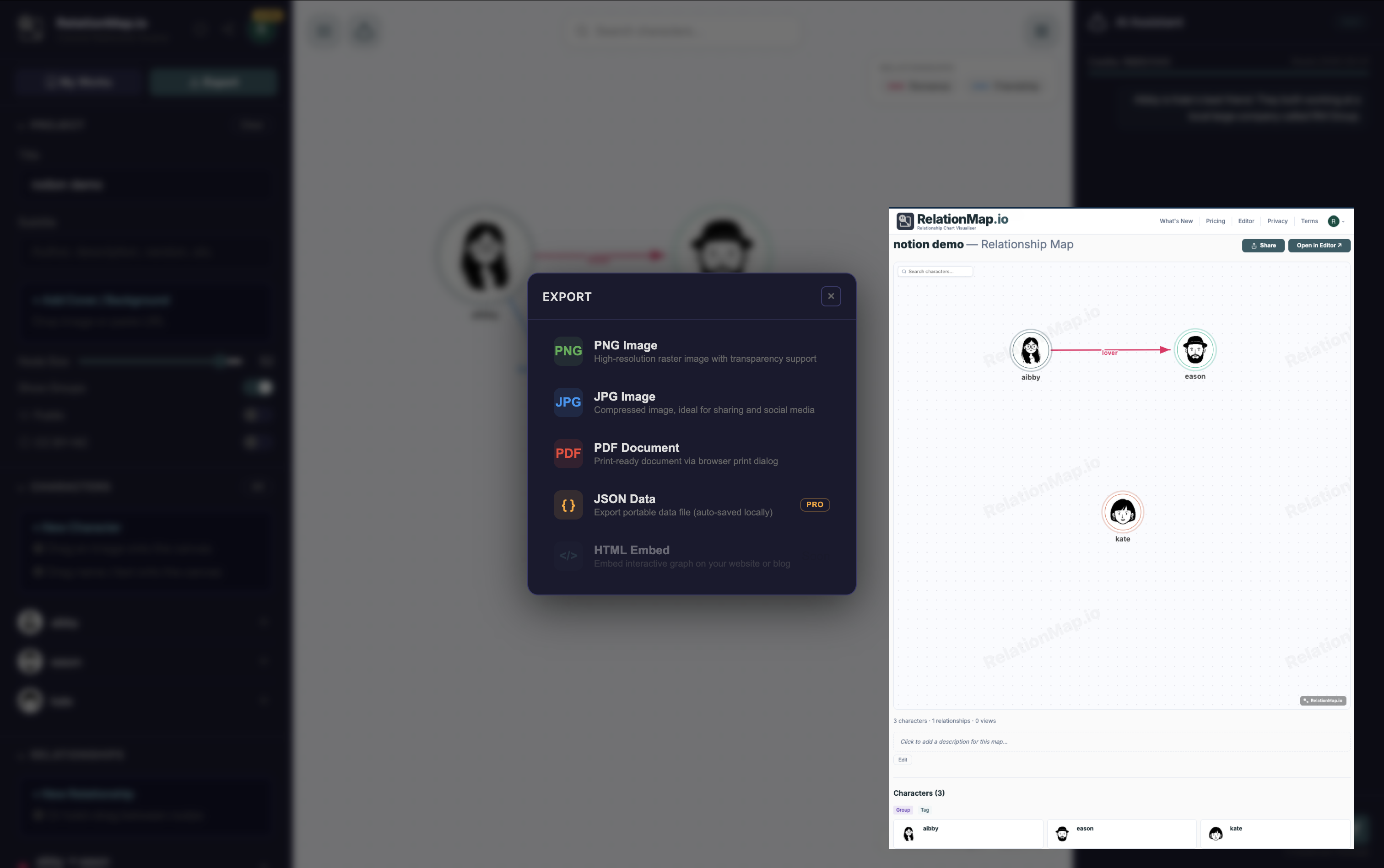 Export and share: PNG, JPG, PDF, embed, and public link